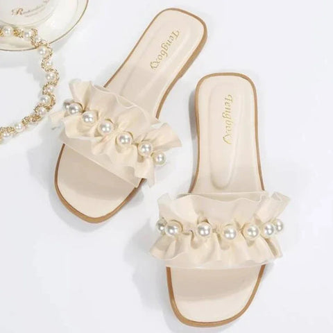 Women Slides Faux Pearl Decor Ruffle Trim Sandals Open Toe Wear-resistant Flat Slippers Summer Sandy Beach Sandals Women Shoes