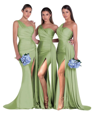 GDYBAO Womens One Shoulder Bridesmaid Dresses Long Train Mermaid Prom Dress Bodycon Wedding Party Evening Gowns with Slit