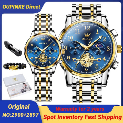 OLEVS 2900+2897 Couple Watches Luxury Brand Lover Watches Set Original Quartz Watch for Men Women His and Hers Watch Waterproof