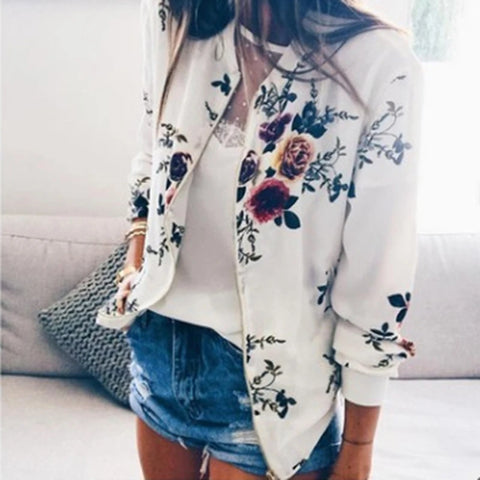 Women Floral Printed Jackets Spring Autumn Long Sleeve Zipper