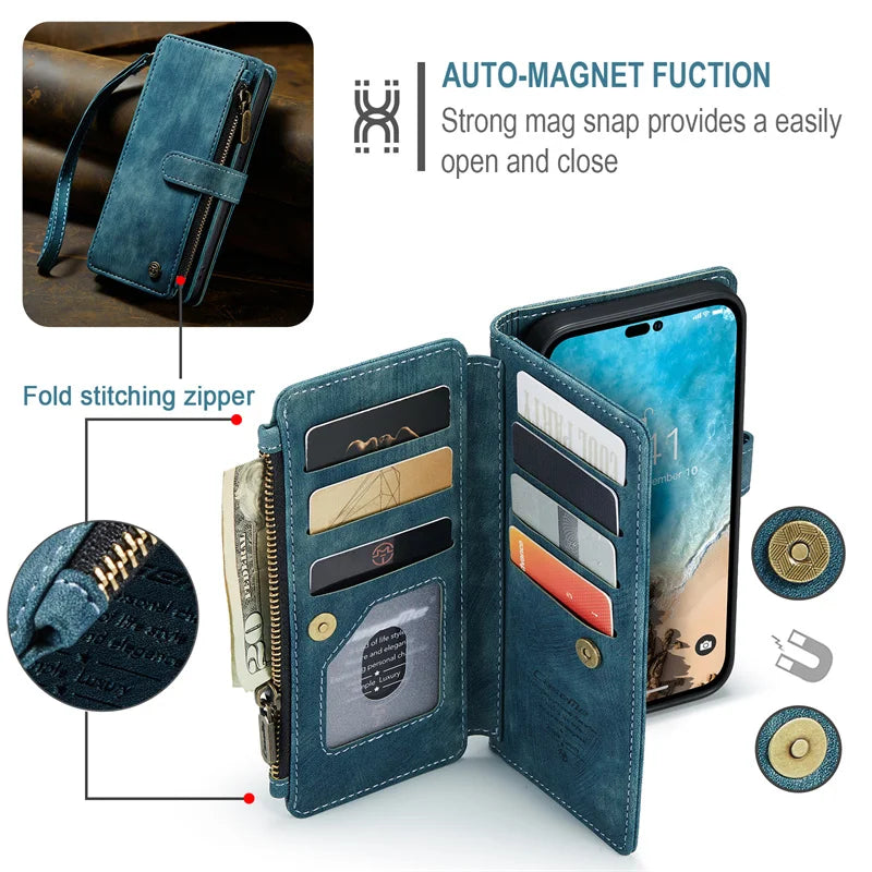 CaseMe Zipper Wallet Flip Leather Phone Case For iPhone 15 14 Pro Max 13 12 11 XS XR X SE 2022 8 7 6 Plus Multi Card Cover Coque