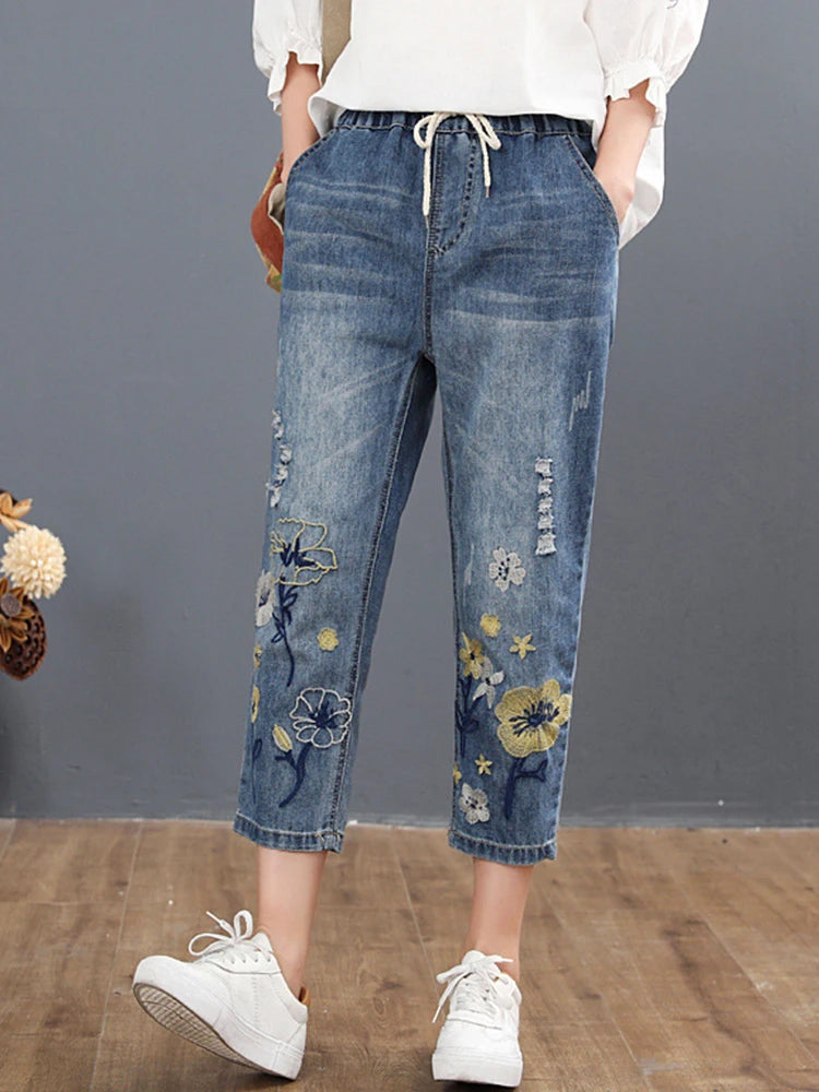 Jeans Women Casual Floral Denim Trousers Ripped Harem Pants