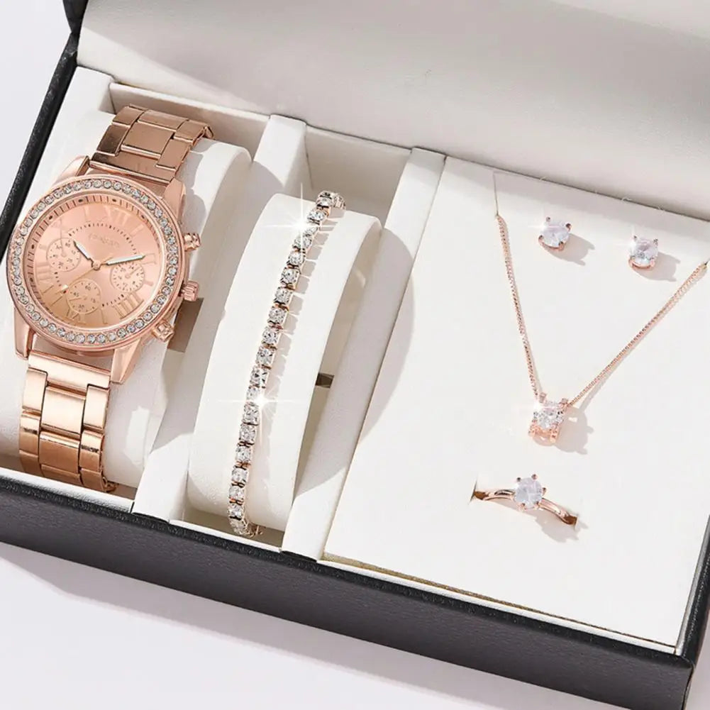 Quartz Movement Watch Set Rhinestone Watch Set Stunning Rhinestone Jewelry Set Watch Earrings Bracelet Necklace Ring Elegant