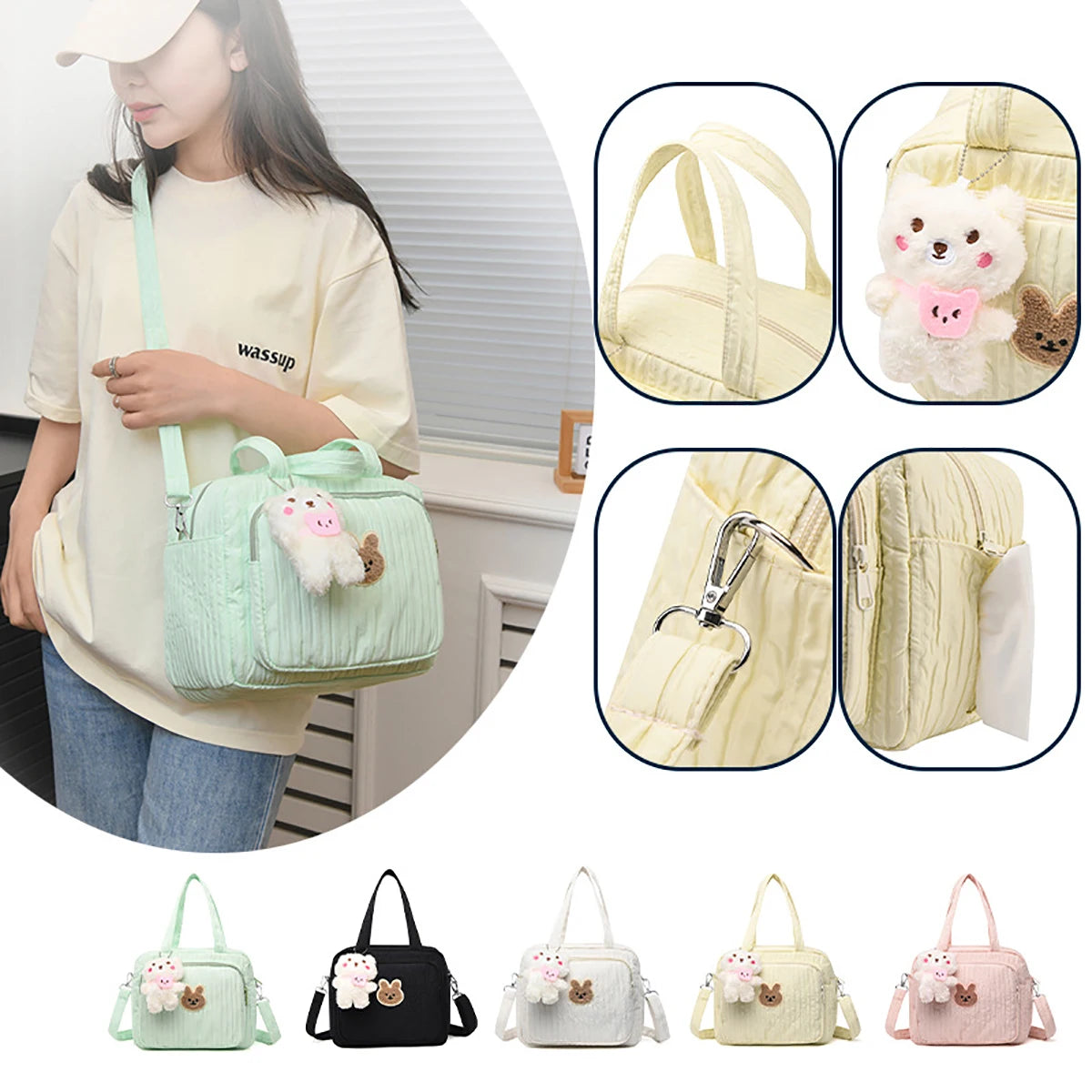 Mother with baby shoulder crossbody bag bottle diaper storage bag