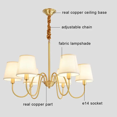 Modern Led Chandelier Ceiling Lamp Living Room Light Fixture Home Decor Bedroom Kitchen Dining Room Lighting Real Copper Fabric