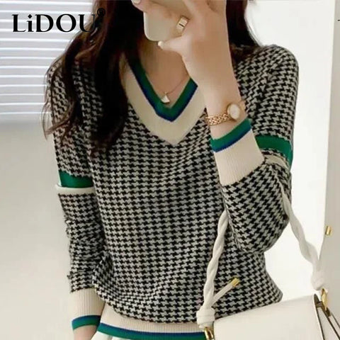 Autumn Winter V-neck Houndstooth Casual Fashion Sweater Ladies