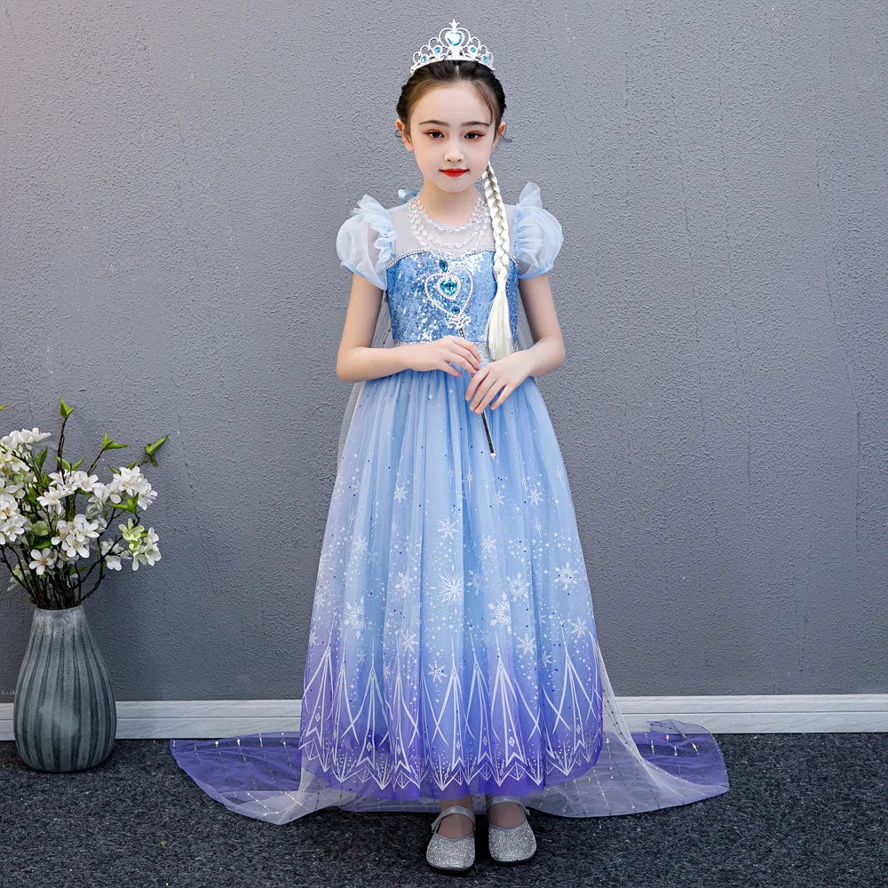 Girls Elsa Cosplay Princess Costume Frozen Role Play Fancy Dress Up Kids Birthday Party Clothes Sequin Mesh Princess Prom Gown