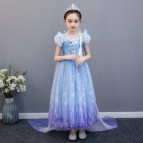 Girls Elsa Cosplay Princess Costume Frozen Role Play Fancy Dress Up Kids Birthday Party Clothes Sequin Mesh Princess Prom Gown