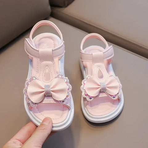 Girls Sandals Kid Summer Sweet Rhinestone Party Princess Beach Shoes Cute Bowknot Soft Sole Flat Sandals сандалии для девочек