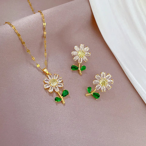 Classic Green Leaf Flower Necklace and Earrings Set Light Luxury Sunflower Personalized Banquet Stainless Steel Jewelry