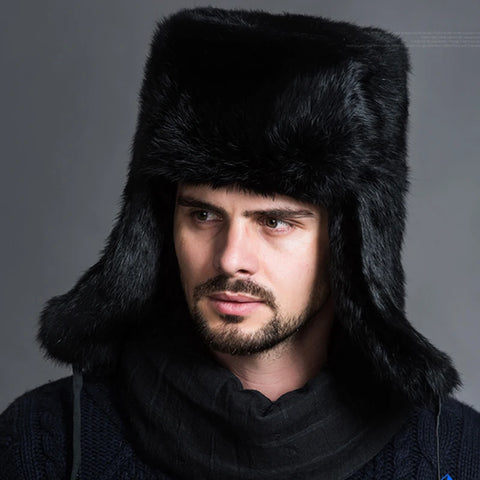 Men Bomber Hat Warm Thicken Faux Fur Earflap Russian Caps Male