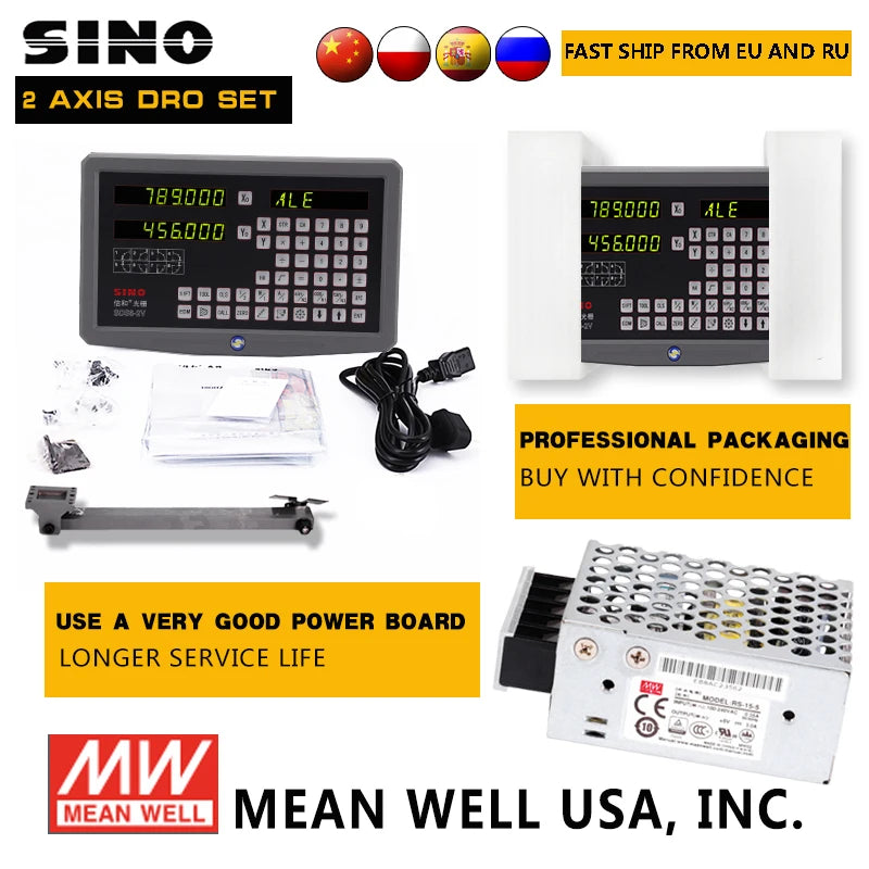 SINO 2 Axis DRO Set 5um Digital Readout Kits for 0.005mm Linear Scales Encoder Grating Ruler 70-1020mm Lathes Milling SDS6-2V