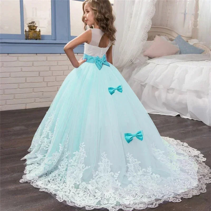 6-14 Years Lace Tulle Flower Girl Dresses Flower Bows Children First Communion Ball Gown Wedding Party Bridesmaid Dress for Kids