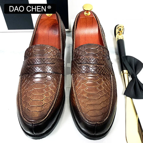 LUXURY MEN LEATHER SHOES BLACK COFFEE SLIP ON SNAKE PRINT DRESS MEN'S CASUAL SHOES WEDDING OFFICE BANQUET Loafers Shoes For Men