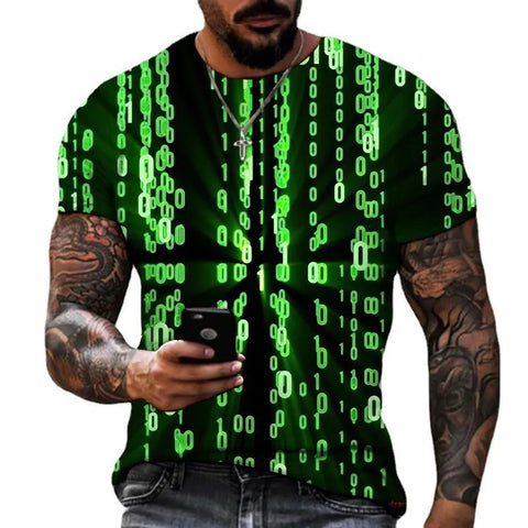 3D digital printed wave grid pattern men's short sleeve T-shirt