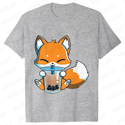 Boba Fox Drinking Print Blouse Women Clothing Fashion Kawaii Cartoon Fox Graphic T-shirts Anime Harajuku Tops Short Sleeve Tees