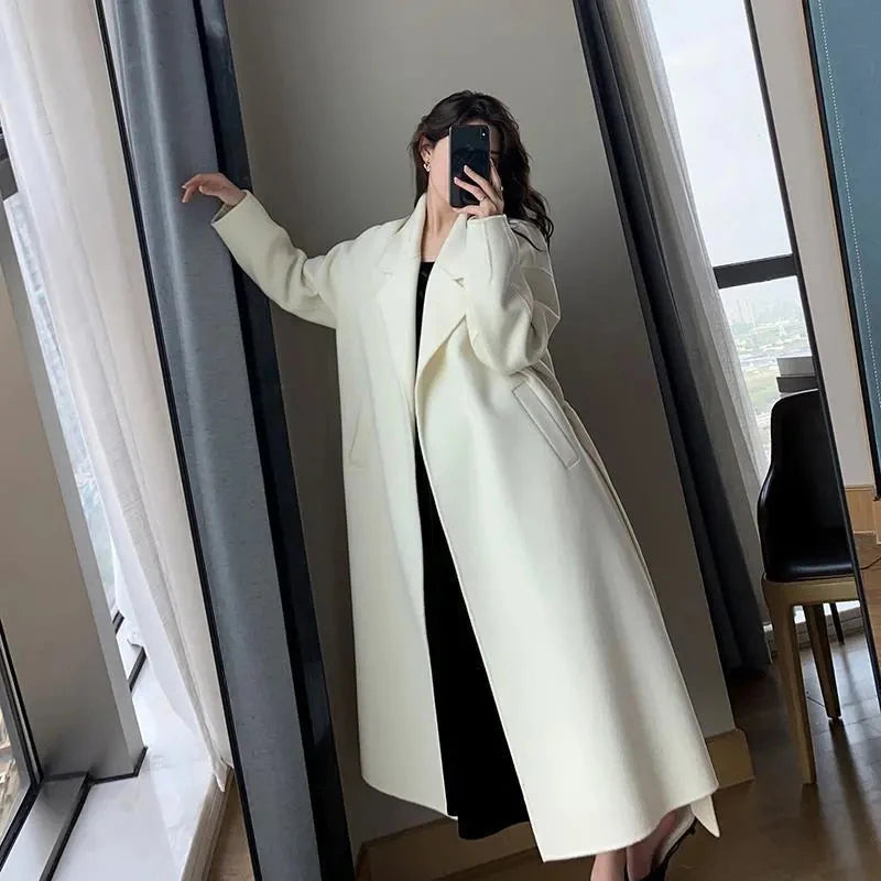 Elegant Midi Wool Blends Coat Women Korean Thicken Long Bandage Jackets Oversized Lace Up Outwear White Cardigan Woolen Overcoat