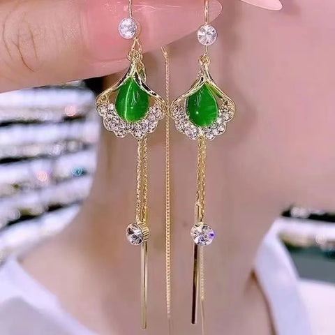 Vintage Gold Plated Zircon Ginkgo Leaf Green Opal Tassels Earrings for Women Fashion Creative Stainless Steel Earrings Jewelry