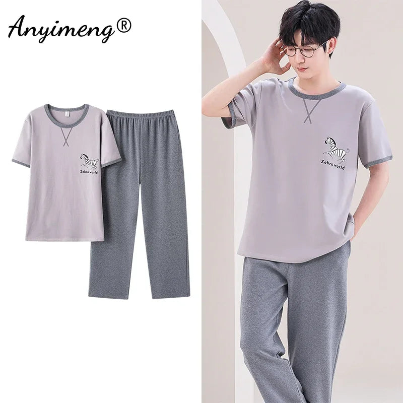 Mens Fresh Pajamas 3xl 4xl Sleepwear Short Sleeved Long Pants Cotton Leisure Pyjamas for Boy Plaid Pants Men Summer Nightwear