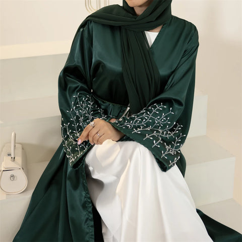 Eid Party Fashion Women Muslim Beads Open Abayas Kimono Maxi Dress Turkey Kimono Dubai Kaftan Islamic Ramadan Jalabiya Vestidos