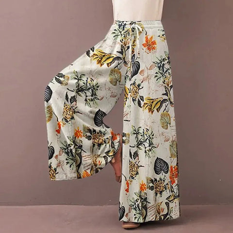 Women Floral Print Wide Leg Pants Spring Autumn Fashion Drawstring Bohemia Trousers Ladies Casual Loose Elastic Waist Pantalon