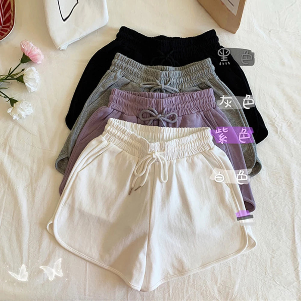 Women's Sports Shorts Summer Solid High Waist Drawstring Lace Up Black Shorts Women Fashion Casual Basic Short Pants CDPF-WYP-K5