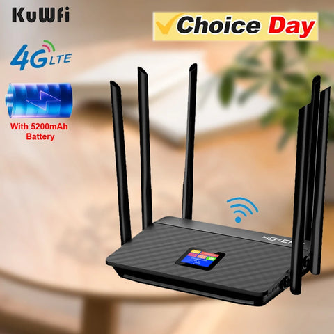 KuWFi 5200mAh 4G LTE Router Wireless CPE Wi-Fi Router 6pcs High Gain External Antennas with SIM Card Slot Fast RJ45 Port