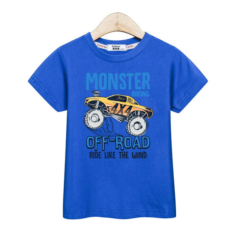 3-13T Baby Boys Monster Truck T-shirt Children Short Sleeved Cotton Clothing Summer Cartoon Shirt