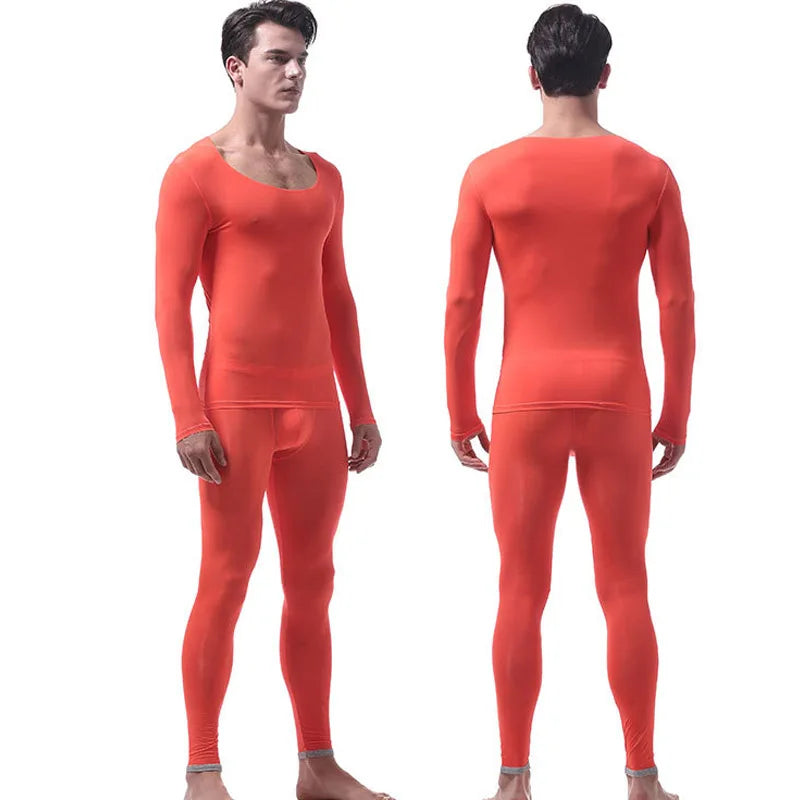 Men Long Johns Mens Seamless Thermal Underwear Suit Sexy Ultra-thin Translucent Home Lounge Men Undershirt Leggings 2 Piece/Sets