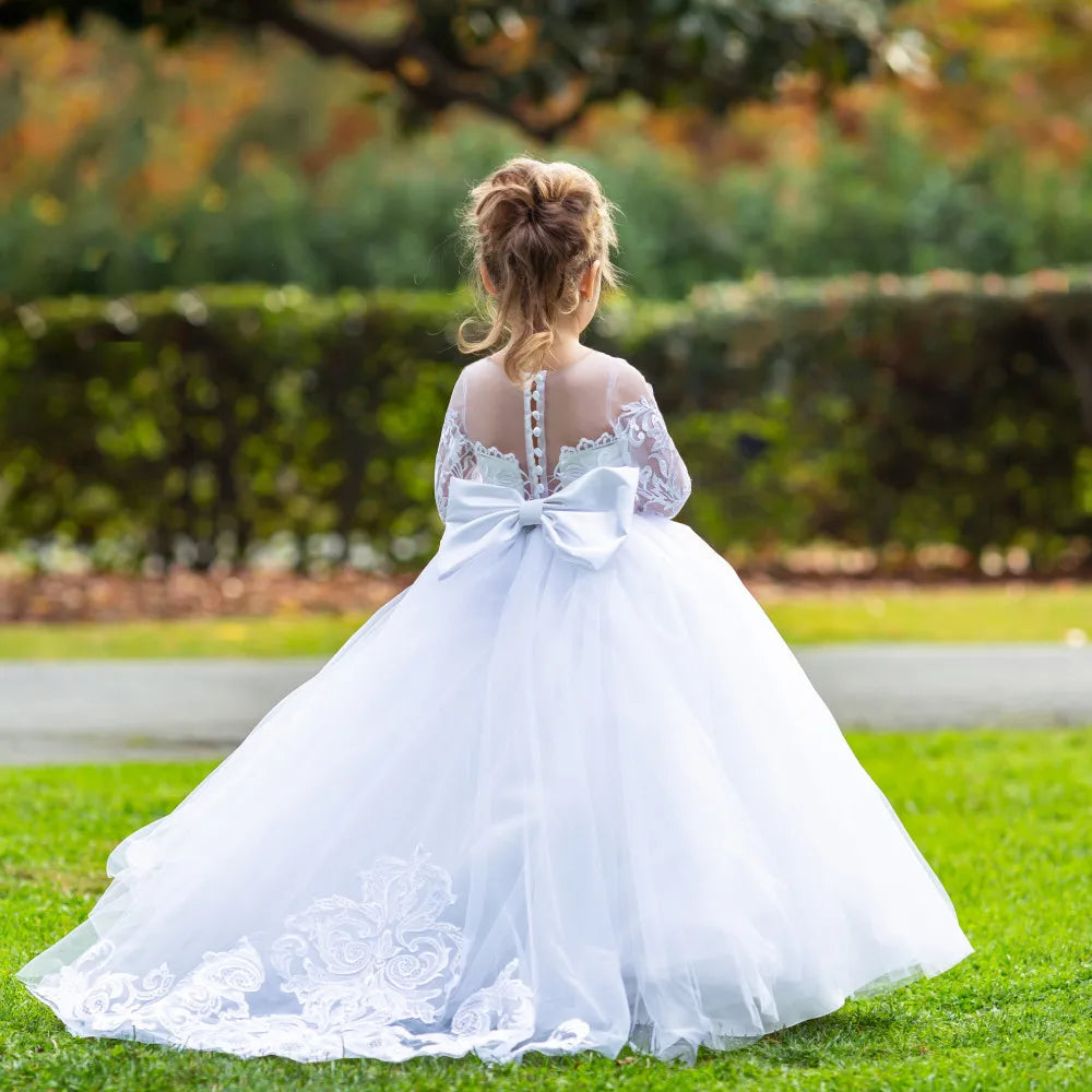 White Lace Child Flower Girl Dress Tulle Appliques Princess Floor Length for Wedding Party Baptism First Communion Gown