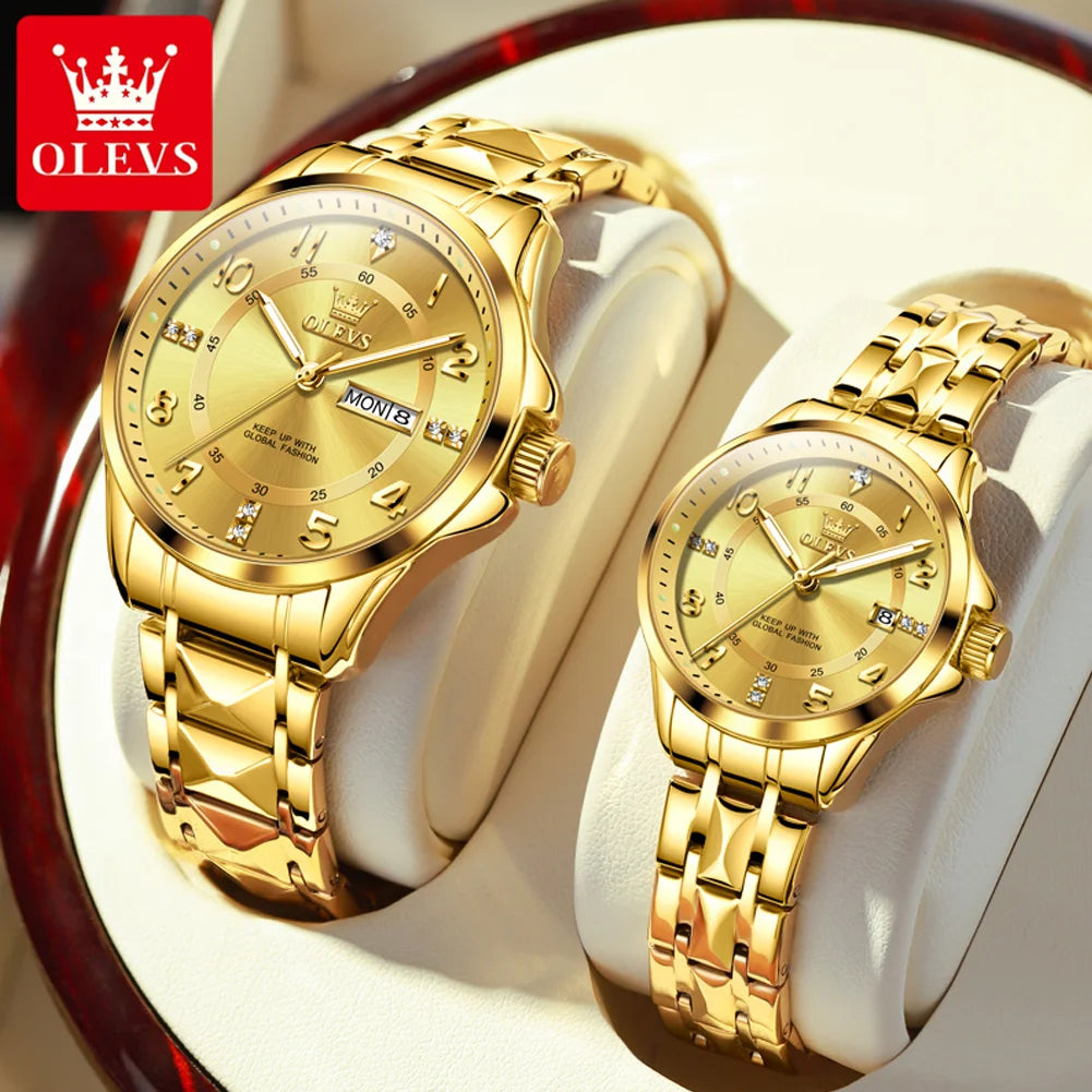 OLEVS Original Luxury Branded Couple Watches Pair Men and Women Waterproof Classic Gold Quartz Day Date Lover's Wristwatch Set