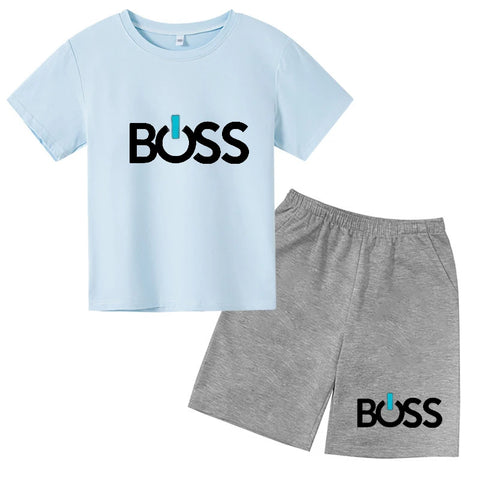 2024 Children's Summer Boss Pattern Printed Solid Color Short Sleeve Clothing Tee Sets Boys Girls New Style Casual Fashion Suits