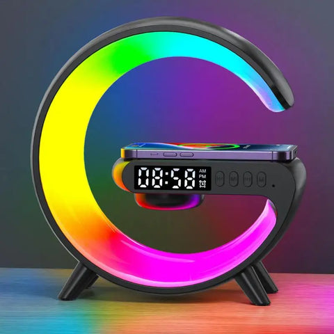 G Shape Light Up Wireless Speaker Timer Alarm Clock Charger Stand Color Changing Wireless