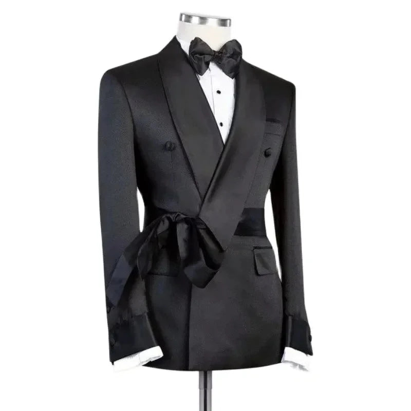 Men's Jacket Black Belt Shawl Lapel Slim Fit Double Breasted Clothing Groomsmen Suit New Fashion Business Wedding Tuxedo Blazer