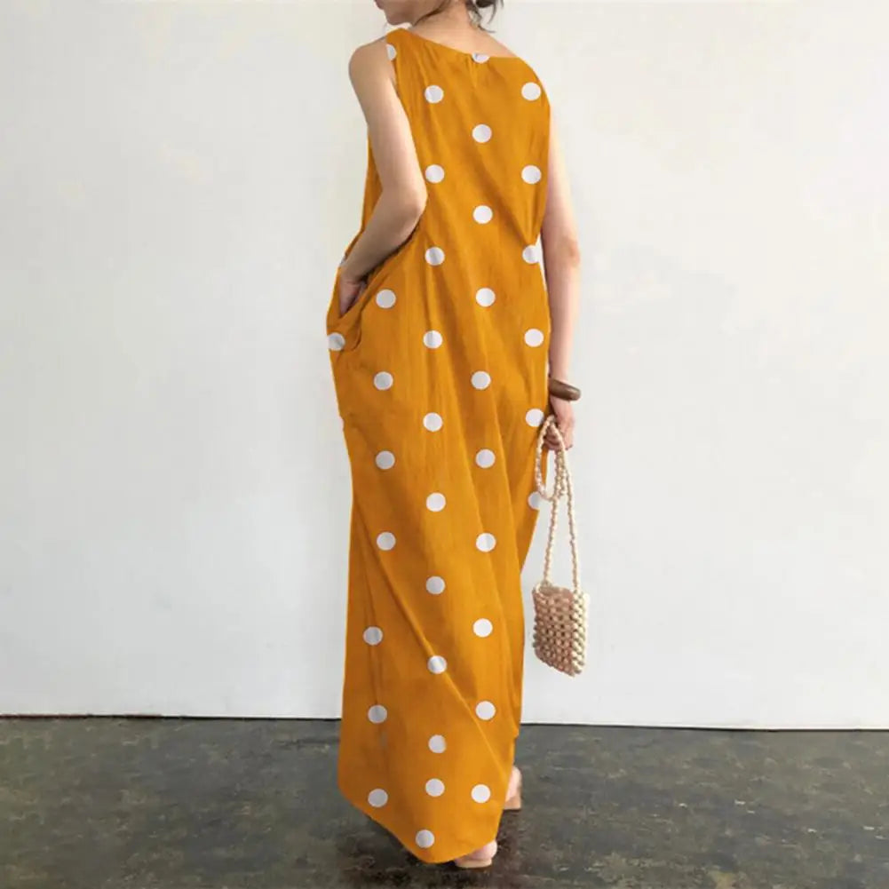 Maxi Dress with Dot Print O Neck Big Pockets for Women