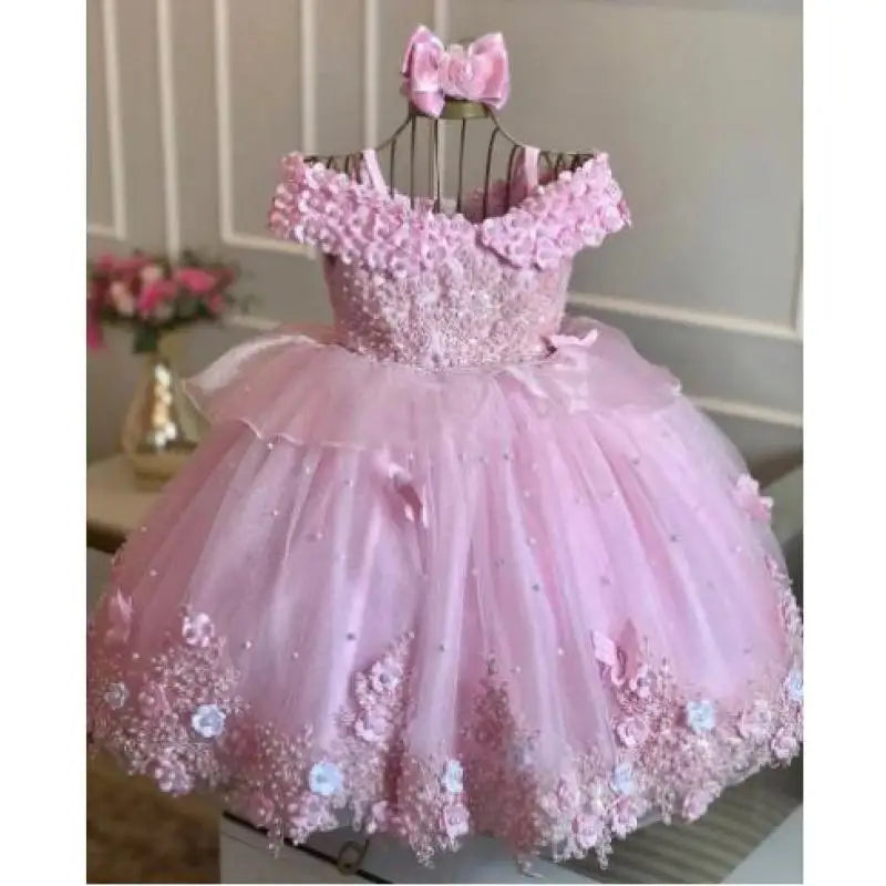 Baby Girls Dresses Off Shoulder Pearls Lace Butterflies Flower Princess Dress Infant First Birthday Party Gown  Communion Gift