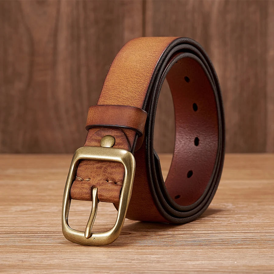 3.3CM High Quality Natural  Cowskin Genuine Leather Belt Men Casual Copper Buckle Business Male Strap For Jeans Cowboy Cintos