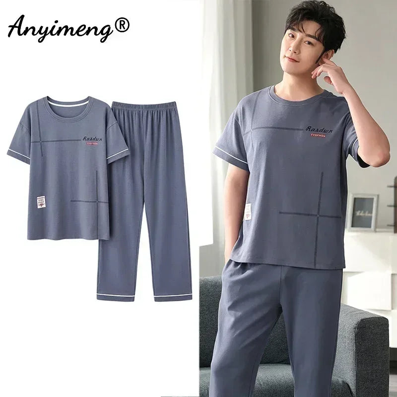 Mens Fresh Pajamas 3xl 4xl Sleepwear Short Sleeved Long Pants Cotton Leisure Pyjamas for Boy Plaid Pants Men Summer Nightwear