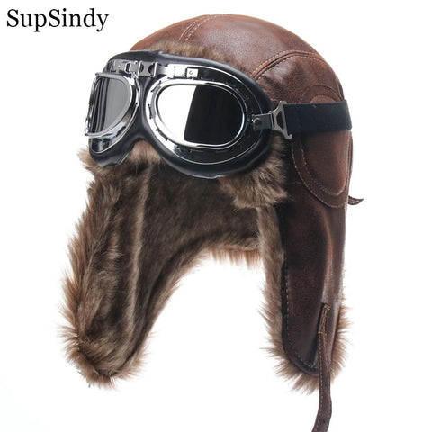 Goggles Outdoor Motorcycle Windproof Warm Faux Fur Pilot Earflap Hat