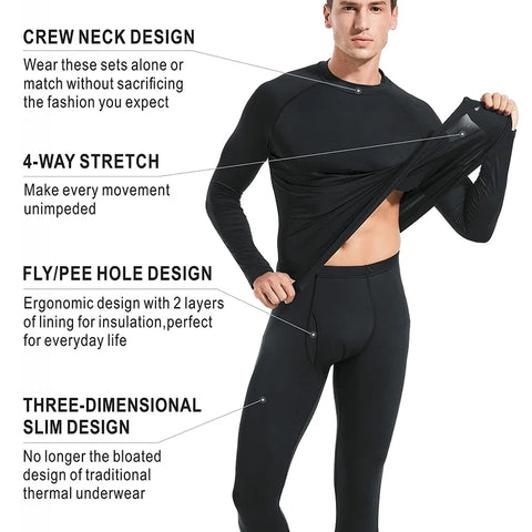 Men Winter Thermal Underwear Sets Crew Neck Long Sleeves Long Johns Base Layer Set Top Bottom for Cold Weather Male Warm Clothes