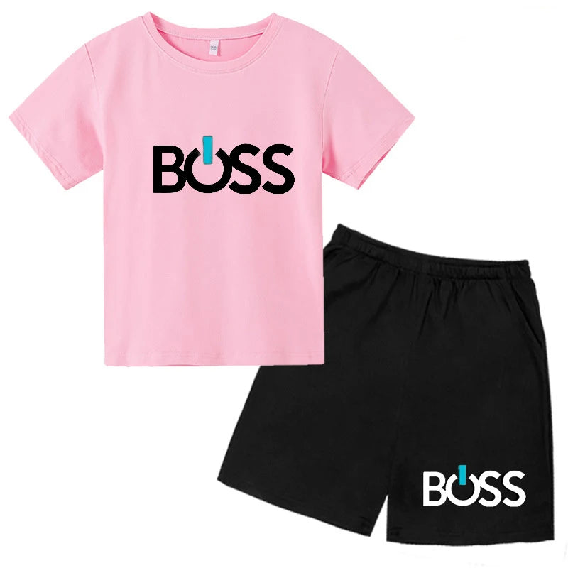 2024 Children's Summer Boss Pattern Printed Solid Color Short Sleeve Clothing Tee Sets Boys Girls New Style Casual Fashion Suits