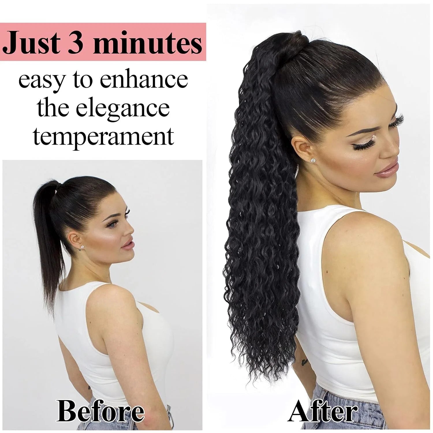 22 Inch Deep Curly Ponytail Extension Drawstring Ponytails Black Wig For Women Synthetic Hair Extensions Curly Daily Party Use