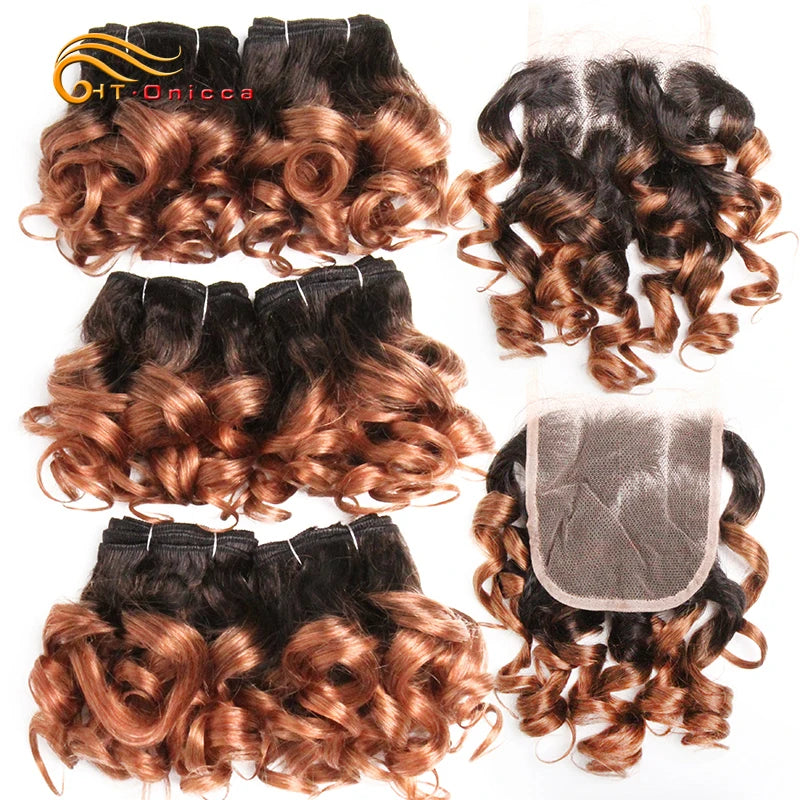 Curly Hair Bundles Brazilian Human Hair Weave 6 Bundles With Lace Closure Colored 1B/27/30/33/99J Short Hair Extension For Women