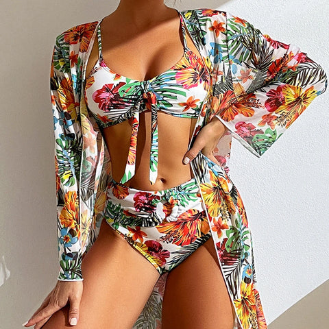 Women Bikini Set With Mesh Long-Sleeved Blouse