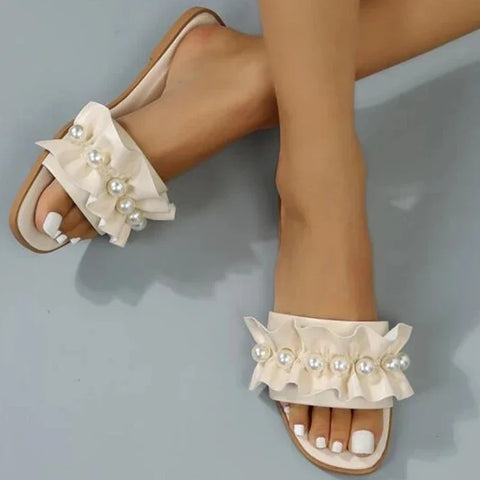 Women Slides Faux Pearl Decor Ruffle Trim Sandals Open Toe Wear-resistant Flat Slippers Summer Sandy Beach Sandals Women Shoes