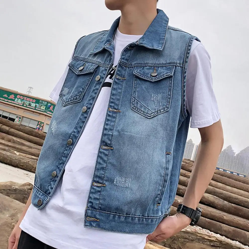 Men's Sleeveless Denim Jacket with Ripped Holes Pocket