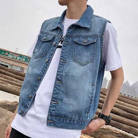 Men's Sleeveless Denim Jacket with Ripped Holes Pocket