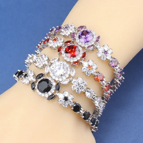 925 Silver Charm Female Bracelet Bangle Blue Cubic Zirconia 6-Colors Wedding Jewelry Adjustable Length 18+3CM