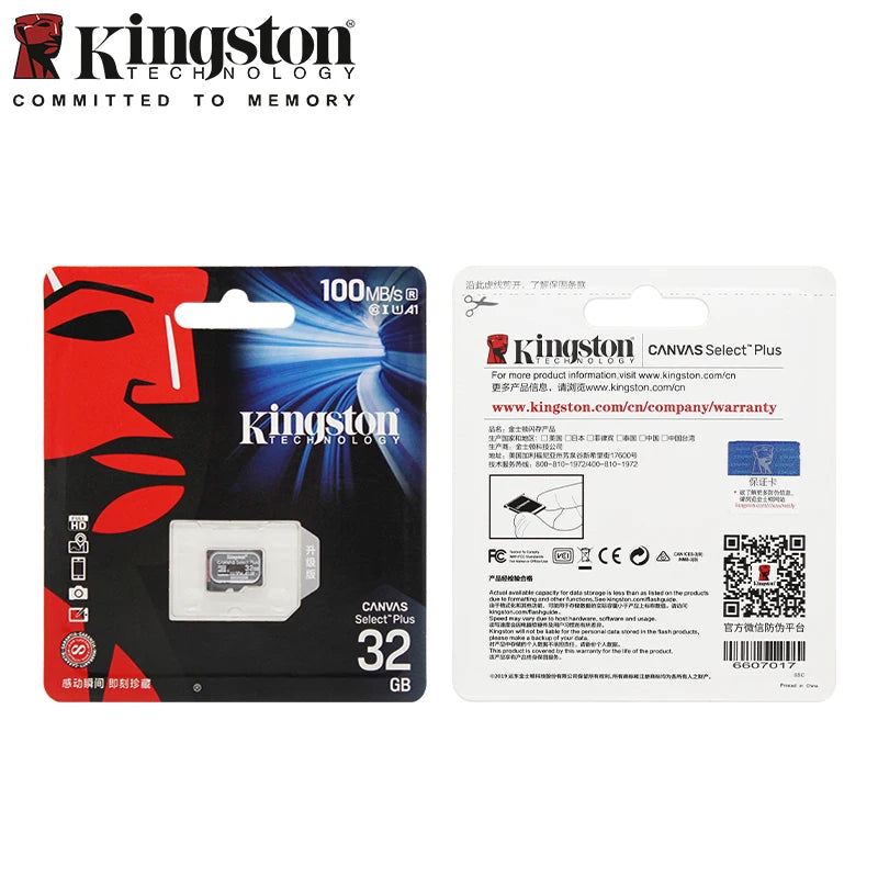 Kingston Canvas Select Plus Micro SD Card 32GB 64GB 128GB 256GB 512GB Memory Card C10 A1 Flash Card Up to 100MB/s read TF Card