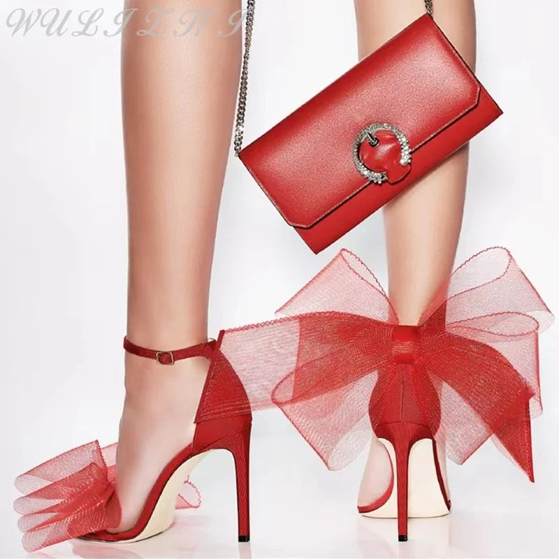 2024 New Women's Elegant Big Butterfly-Knot Party Dress Shoes Summer Sexy Open Toe High Heels Plus Size Female Sandals Wedding